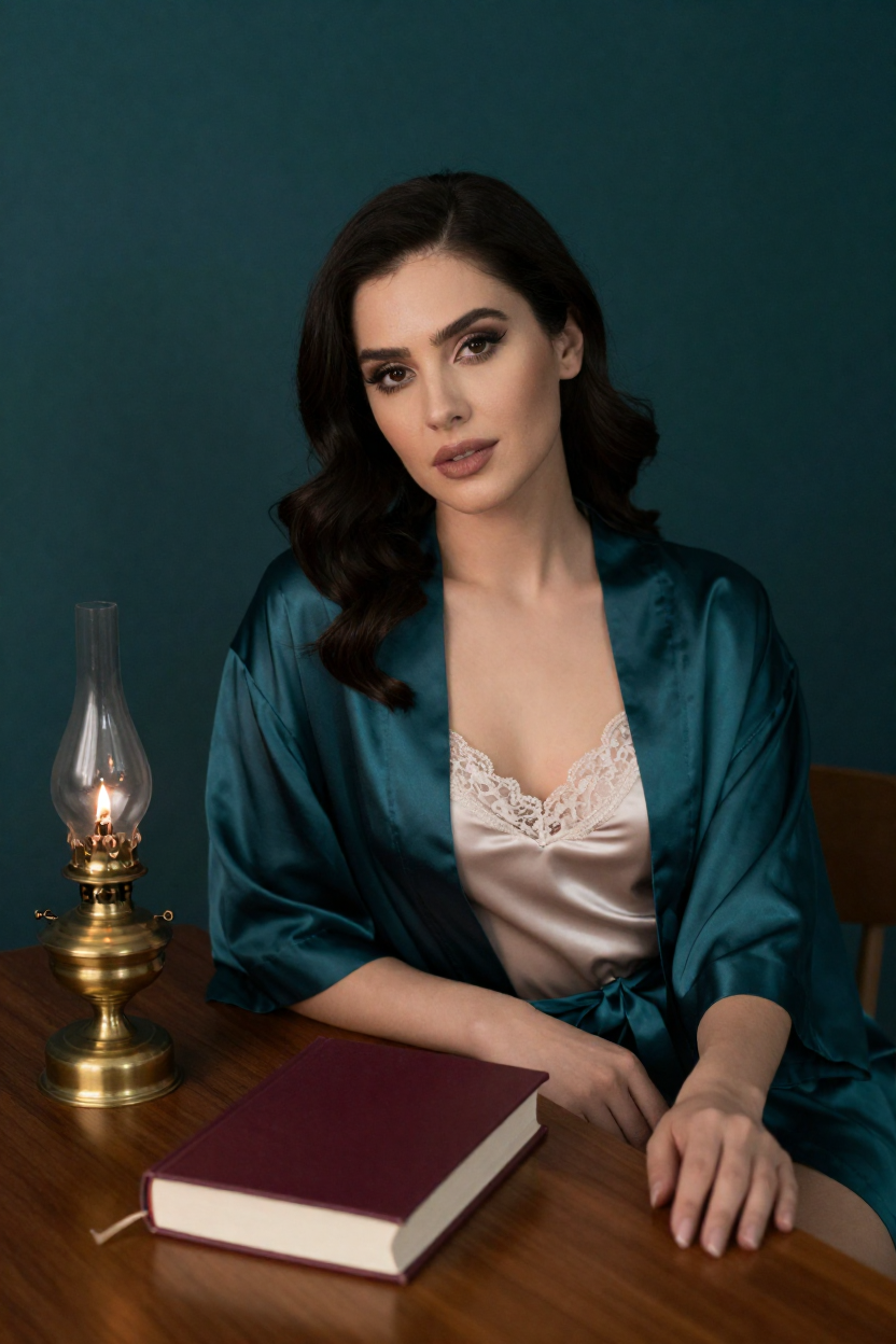 Fictional 29-year-old woman with long dark side-parted waves and defined evening makeup, seated at a walnut